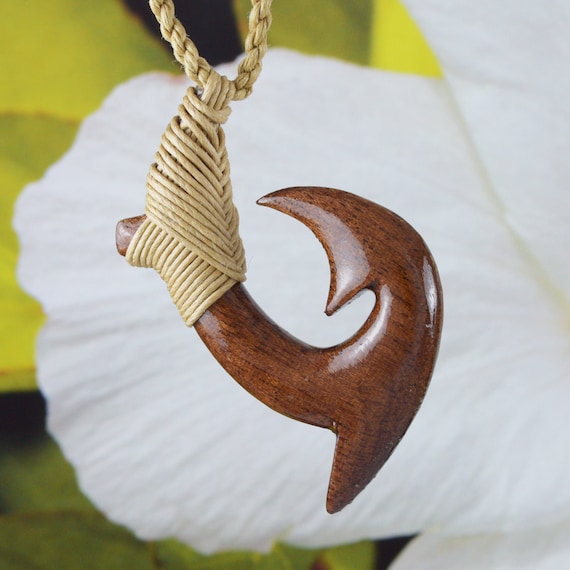 Unique Hawaiian Koa Wood Fish Hook Necklace, Hand Carved Genuine