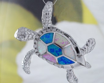 Gorgeous Hawaiian X-Large Tri-color Opal Sea Turtle Necklace, Sterling Silver Blue White Pink Opal Turtle Pendant, N8365 Birthday Mom Gift