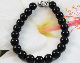 Unique Gorgeous Hawaiian Genuine Black Coral Bracelet, Stainless Steel Black Coral Round Beads Bracelet, B3356 Birthday Mom Mother Gift