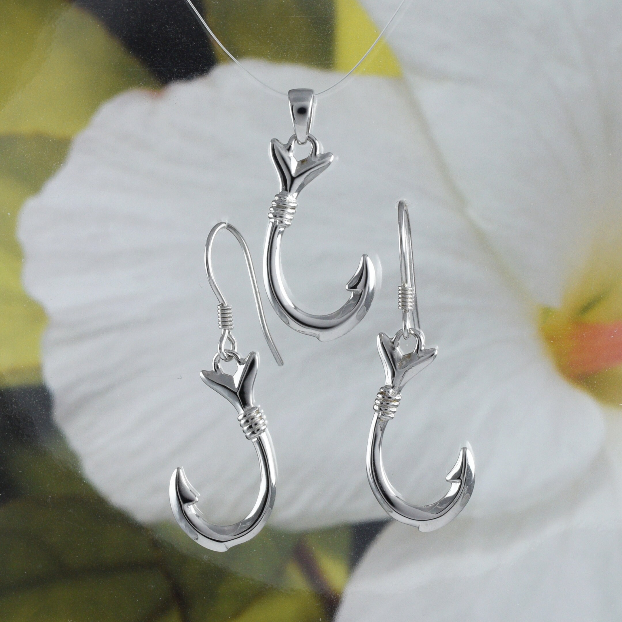 Pretty Hawaiian 3D Fish Hook Necklace and Earring, Sterling Silver 3D Fish Hook Pendant, N2013S Birthday Mother Wife Mom Gift