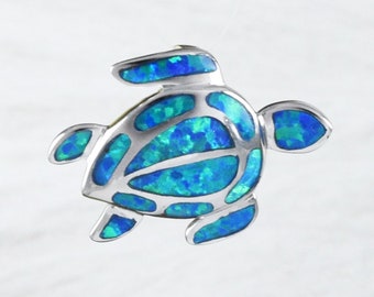 Unique Beautiful Hawaiian Blue Opal Sea Turtle Necklace, Sterling Silver Blue Opal Turtle Pendant, N2114 Birthday Mom Wife Mother Gift