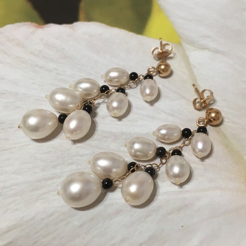 14KT Solid Yellow-Gold White Pearl Black Coral Dangle Earring E5568 Birthday Mom Gift Exquisite Genuine White Pearl Earring Statement PC