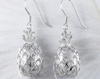 Gorgeous Hawaiian X-Large 3D Pineapple Earring, Sterling Silver 3D Pineapple Dangle Earring E6131 Mother Birthday Mom Gift, Statement PC