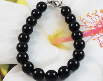 Unique Gorgeous Large Hawaiian Genuine Black Coral Bracelet, Stainless Steel Black Coral Round Beads Bracelet, B3357 Birthday Mother Gift