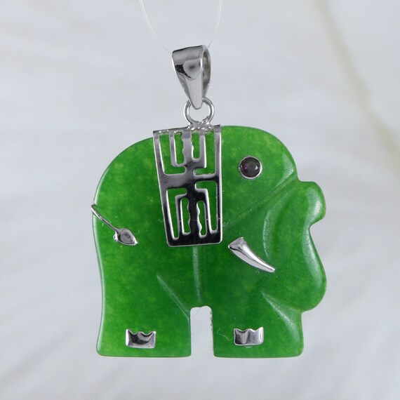 Unique Hawaiian Genuine Green Jade Elephant Necklace Sterling