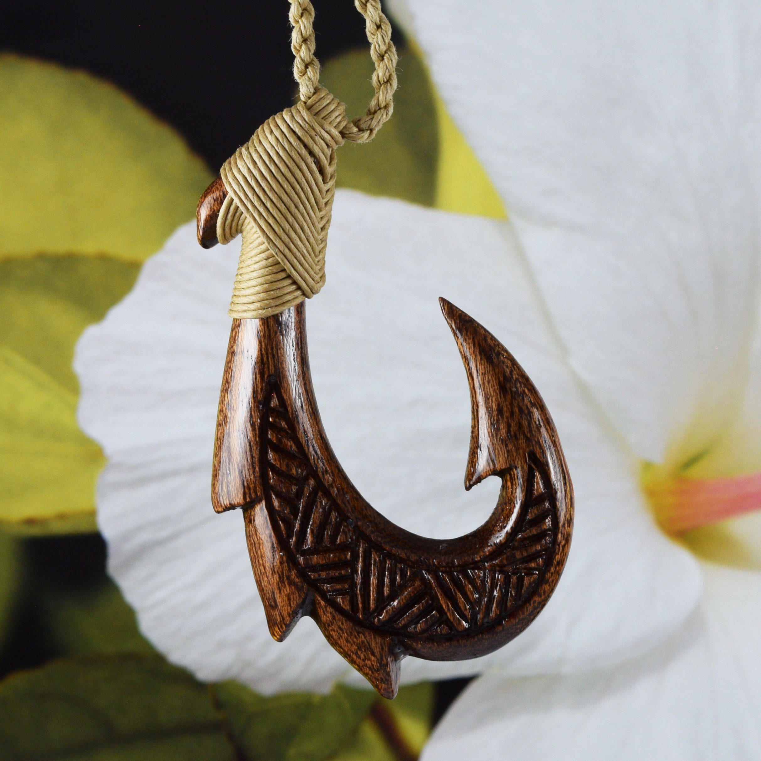 Unique Hawaiian X-large Koa Wood Fish Hook Necklace, Hand Carved