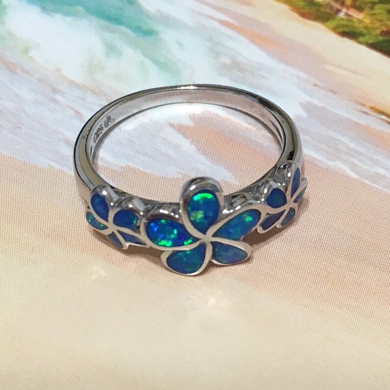 Stunning Hawaiian Opal Plumeria Ring Sterling Silver Blue Etsy