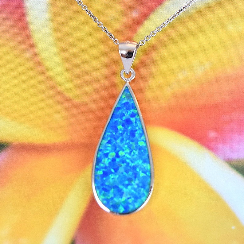 Statement PC Gorgeous Hawaiian Blue Opal Necklace Sterling Silver Blue Opal Tear-Drop Pendant N2259 Birthday Mom Wife Valentine Gift