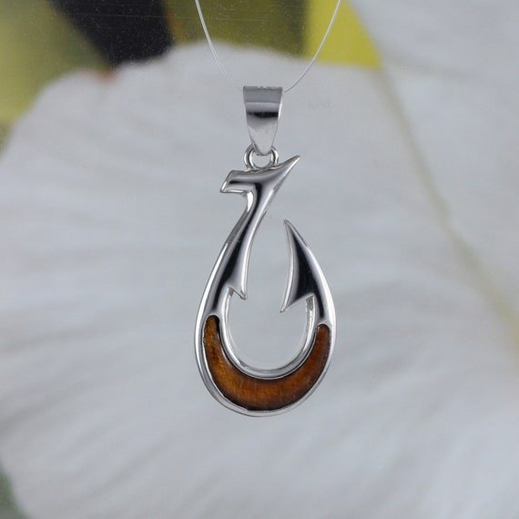 Beautiful Hawaiian Genuine Koa Wood Fish Hook Necklace, Sterling Silver  Fish Hook Pendant, N8863 Birthday Mother Gift