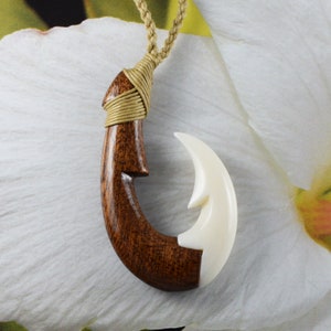 Unique Hawaiian Large Genuine Koa Wood Fish Hook Necklace, Hand Carved Buffalo Bone 3D Fish Hook Necklace, N9401 Birthday Mother Gift