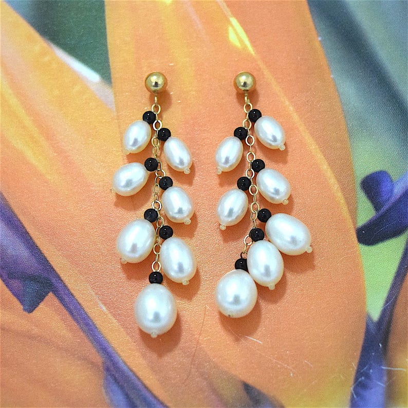 14KT Solid Yellow-Gold White Pearl Black Coral Dangle Earring E5568 Birthday Mom Gift Exquisite Genuine White Pearl Earring Statement PC