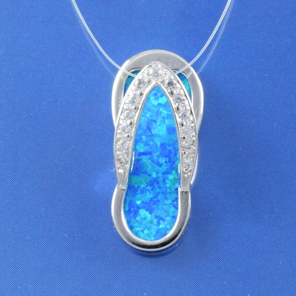 Pretty Hawaiian Blue Opal Slipper Necklace, Sterling Silver Opal CZ Sandal Filp-Flop Charm Pendant, N8840 Birthday Mom Gift