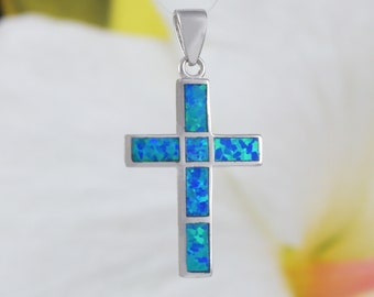 Gorgeous Hawaiian Blue Opal Cross Necklace, Sterling Silver Blue Opal Cross Pendant, N6165 Birthday Mother Mom Anniversary Gift