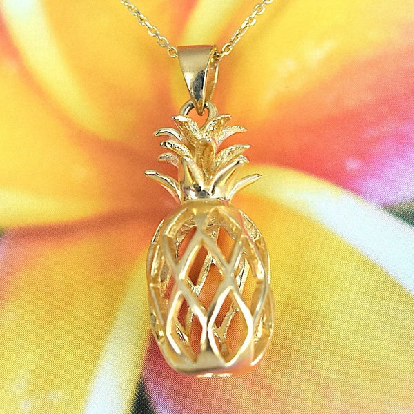 Pineapple Pendant, Sterling Silver Yellow Gold Plated Hawaiian Pineapple Pendant Necklace With 18 inch Cable Chain, N2606