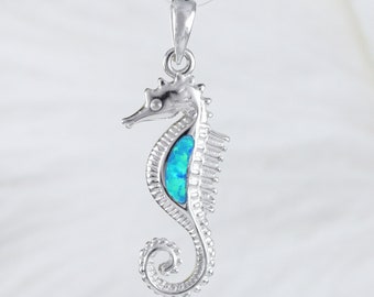 Unique Beautiful Hawaiian Blue Opal Seahorse Necklace, Sterling Silver Blue Opal Seahorse Pendant, N9179 Birthday Valentine Mom Gift