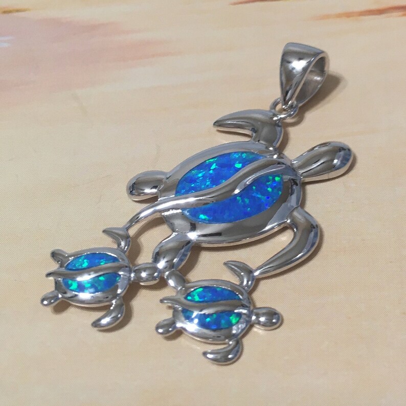 Gorgeous X-Large Mom & 2 Baby Turtle Necklace, Sterling Silver Hawaiian Blue Opal Sea Turtle Family Pendant, N6169 Birthday Mother Gift image 5