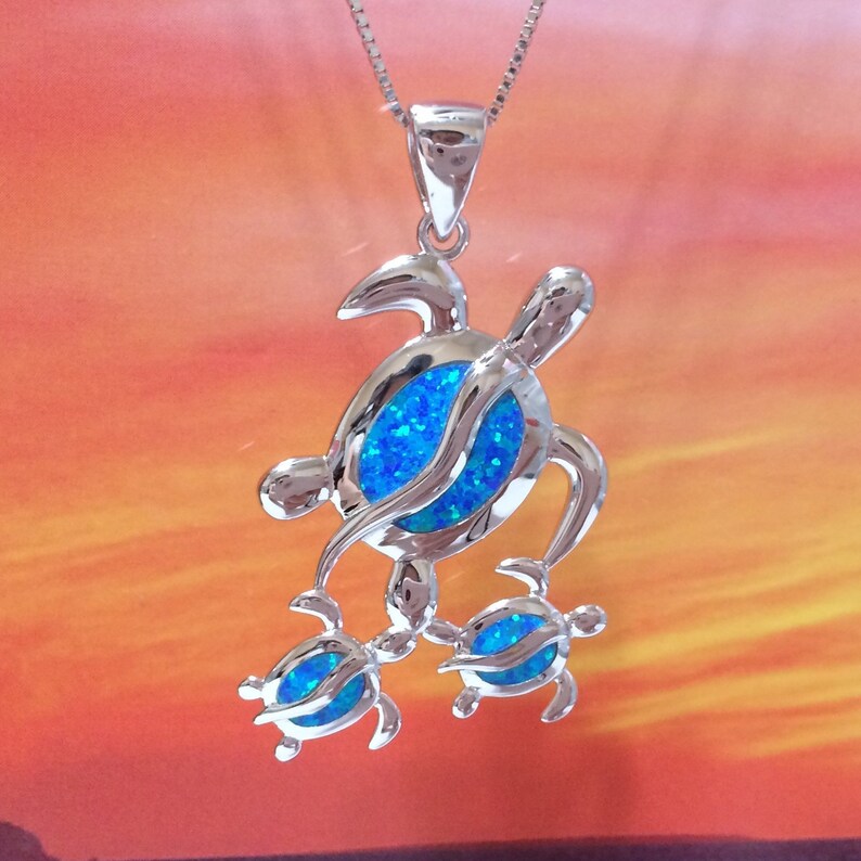 Gorgeous X-Large Mom & 2 Baby Turtle Necklace, Sterling Silver Hawaiian Blue Opal Sea Turtle Family Pendant, N6169 Birthday Mother Gift image 3