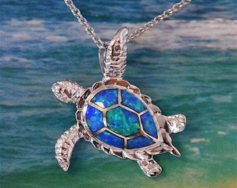 Pretty Hawaiian Sea Turtle Necklace, Sterling Silver Blue Opal Turtle Pendant, N6021 Birthday Mother Wife Mom Gift, Island Jewelry