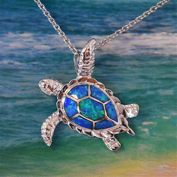 Hübsche Hawaiianische Meeresschildkröte Halskette, Sterling Silber Blau Opal Schildkröte Anhänger, N6021 Geburtstag Mutter Frau Mutter Geschenk, Island Schmuck