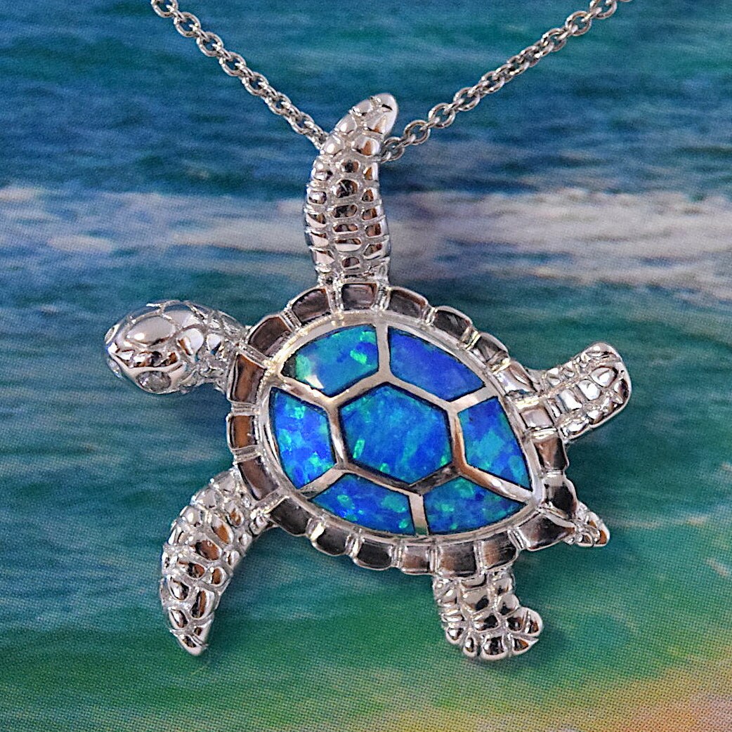 Beautiful Hawaiian Blue Opal Sea Turtle Necklace Sterling Silver