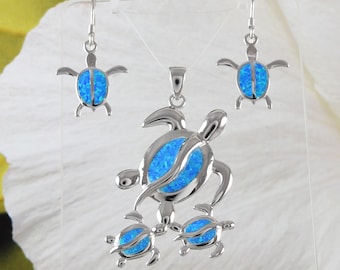 Gorgeous X-Large Mom & 2 Baby Turtle Earring and Necklace, Sterling Silver Hawaiian Blue Opal Sea Turtle Family Pendant, N6169SH Mother Gift