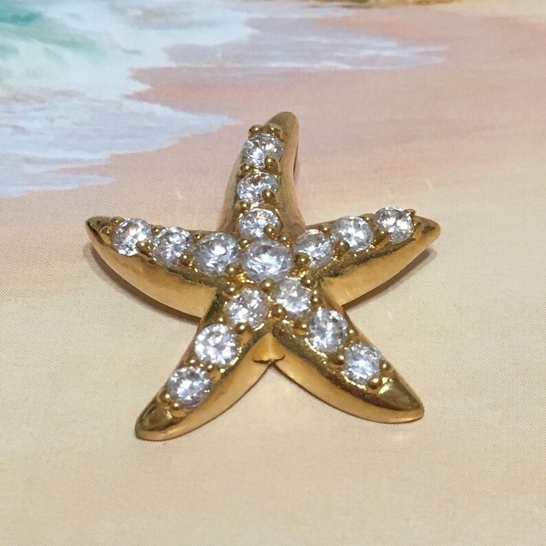 Beautiful Hawaiian Large Starfish Necklace N6071 Birthday Mom Gift Statement PC Sterling Silver Yellow-Gold Plated Starfish CZ Pendant