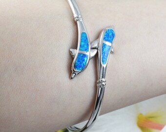 Unique Gorgeous Hawaiian X-Large Blue Opal 2 Dolphin Bangle Bracelet, Sterling Silver Blue Opal Dolphin Bracelet, B3348 Statement PC