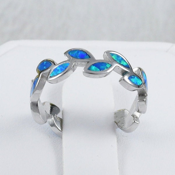 Unique Beautiful Hawaiian Blue Opal Maile Leaf Ring, Sterling Silver Blue Opal Maile Leaf Eternity Band Ring, R2381 Birthday Mom Wife Gift