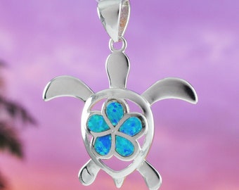 Beautiful Hawaiian Large Blue Opal Sea Turtle Plumeria Necklace, Sterling Silver Blue Opal Plumeria Turtle Pendant, N6160 Birthday Mom Gift