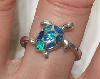 Gorgeous Hawaiian Opal Sea Turtle Ring, Sterling Silver Blue Opal Turtle Ring, R1044 Birthday Mom Wife Mother Gift, Island Jewelry