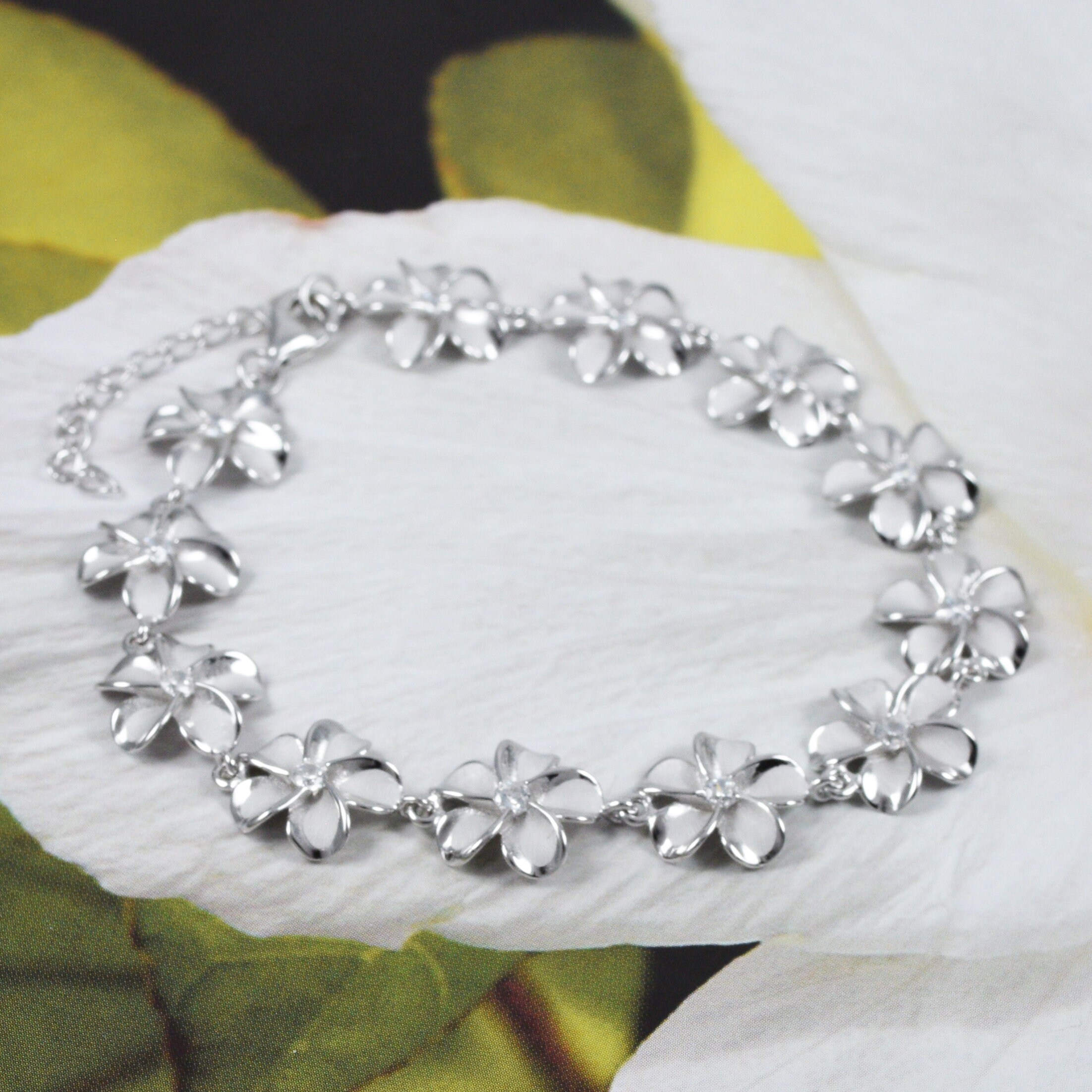 Gorgeous Hawaiian Plumeria Bracelet Sterling Silver Plumeria CZ