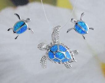 Beautiful Hawaiian Blue Opal Sea Turtle Earring and Necklace, Sterling Silver Blue Opal Turtle Pendant, N6021S Birthday Mother Mom Gift