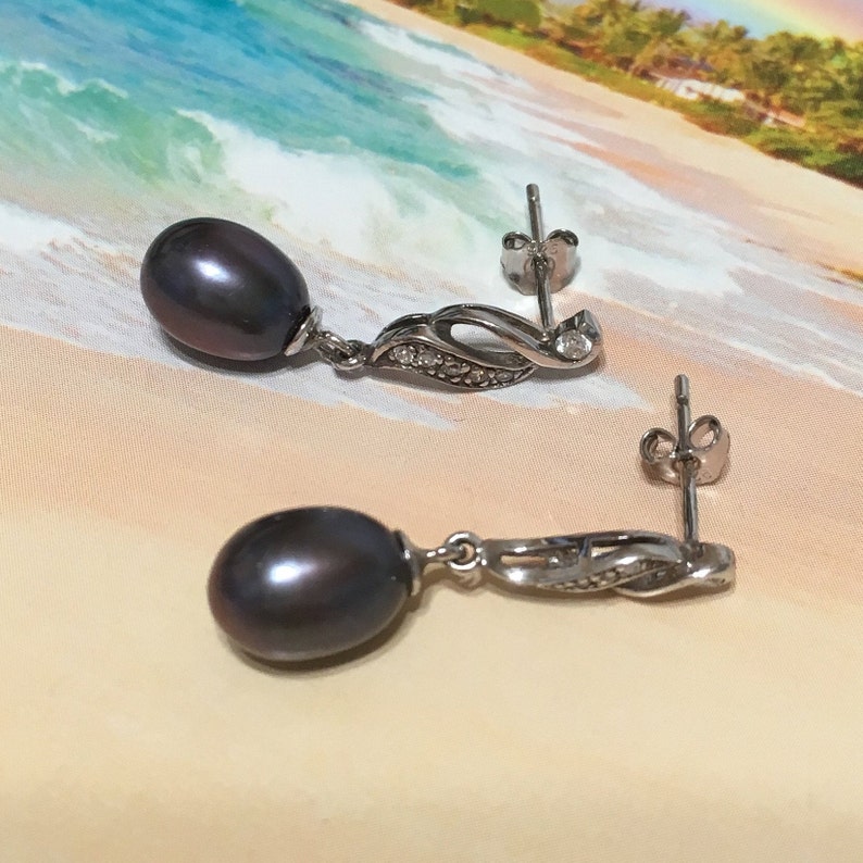 Sterling Silver Black Pearl CZ Post Dangle Earring Beautiful Hawaiian Genuine Black Pearl Earring E4339 Birthday Mom Wife Valentine Gift
