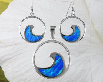 Unique Hawaiian Large Blue Opal Ocean Wave Earring and Necklace, Sterling Silver Blue Opal Wave Pendant, N8382S Birthday Mom Mother Gift