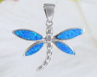 Stunning Hawaiian Large Blue Opal Dragonfly Necklace, Sterling Silver Opal Dragonfly Pendant N6147 Birthday Mother Mom Gift, Statement PC