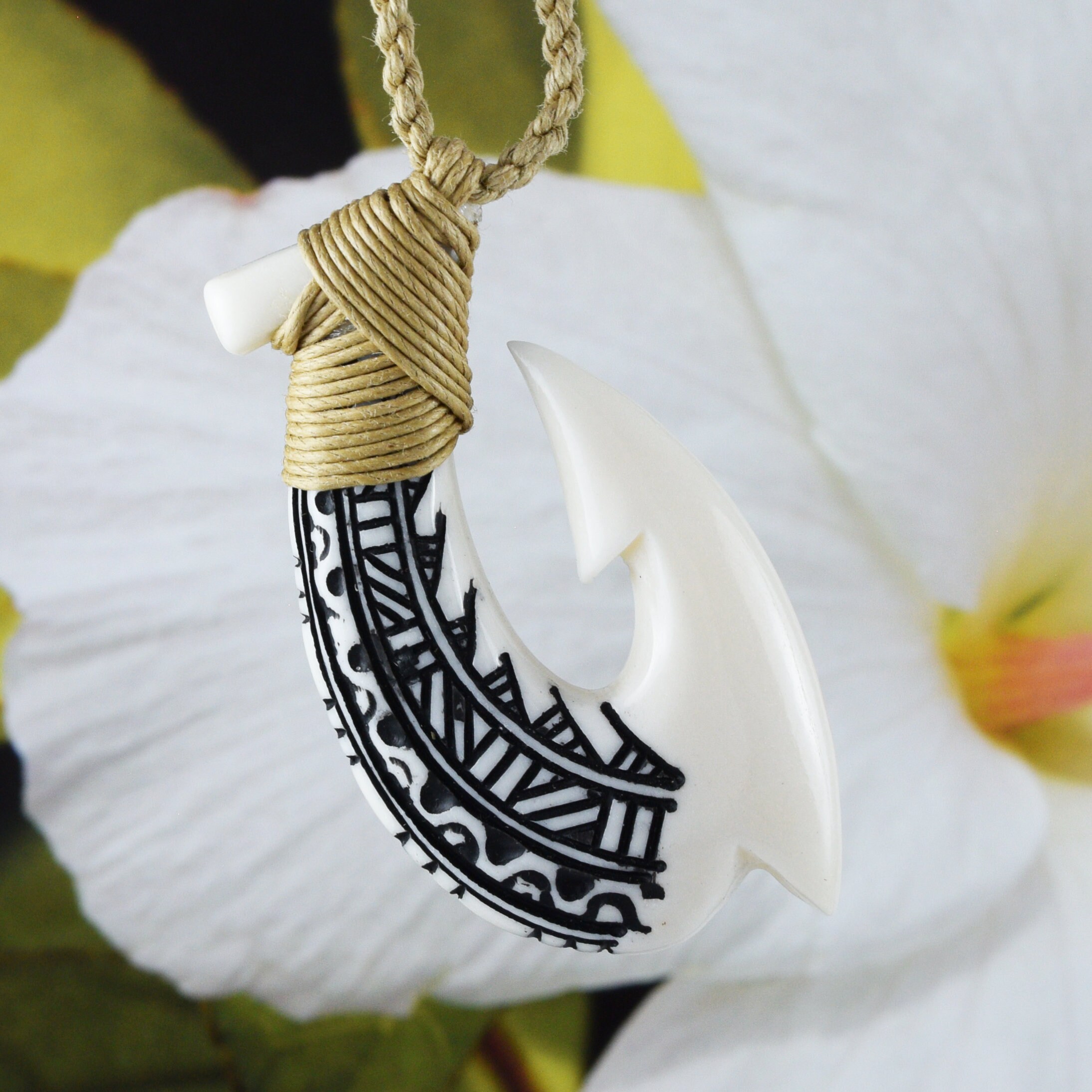 Unique Hawaiian Large Fish Hook Necklace, Hand Carved Buffalo Bone