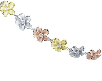 Unique Hawaiian 3-Tone Plumeria Bracelet, Sterling Silver Tri-color Plumeria Bracelet, B3315 Birthday Mom Valentine Gift