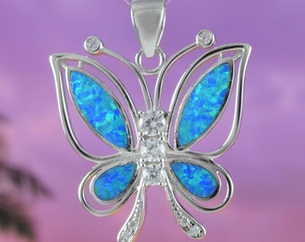 Gorgeous Hawaiian Large Blue Opal Butterfly Necklace, Sterling Silver Blue Opal Butterfly CZ Pendant N6148 Birthday Mom Gift, Statement PC