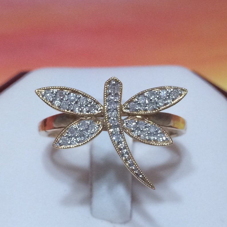 14KT Solid Yellow-Gold Diamond Dragonfly Ring R1306 April Birthstone Birthday Gift Statement PC Sparkly Genuine Diamond Dragonfly Ring