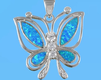 Gorgeous Hawaiian Large Blue Opal Butterfly Necklace, Sterling Silver Blue Opal Butterfly CZ Pendant N6148 Birthday Mom Gift, Statement PC