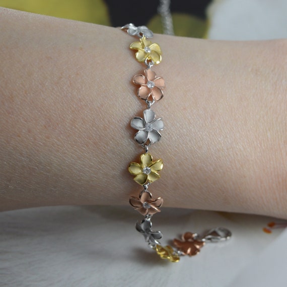 Unique Hawaiian 3 tone Plumeria Ankle Bracelet Sterling Silver