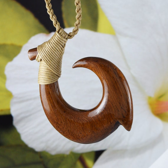 Buy Unique Hawaiian Large Koa Wood Fish Hook Necklace, Hand Carved