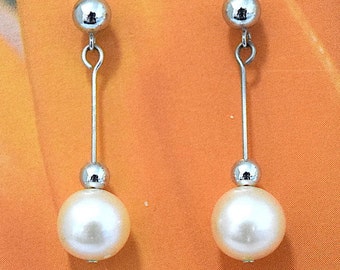 Beautiful Hawaiian Genuine White Pearl Earring, 14KT Solid White-Gold White Pearl Dangle Earring, E5586 Birthday Mom Wife Gift