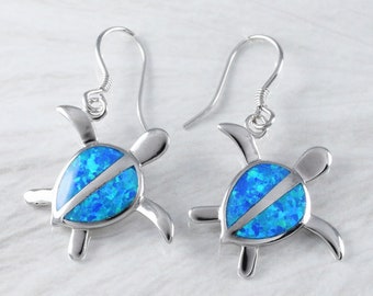 Beautiful Hawaiian Large Blue Opal Sea Turtle Earring, Sterling Silver Blue Opal Turtle Dangle Earring, E2027 Birthday Mom Mother Gift