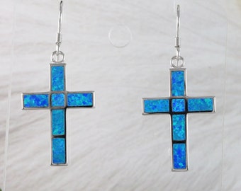 Beautiful Hawaiian X-Large Blue Opal Cross Earring, Sterling Silver Blue Opal Cross Dangle Earring E6165 Christian Mom Mother Birthday Gift