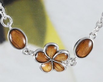 Beautiful Hawaiian Genuine Koa Wood Plumeria Bracelet, Sterling Silver Koa Wood Plumeria Bracelet, B8527 Birthday Mother Gift