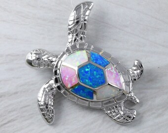 Unique Gorgeous X-Large Hawaiian Tri-color Opal Sea Turtle Necklace, Sterling Silver Blue White Pink Opal Turtle Pendant, N9302 Statement PC