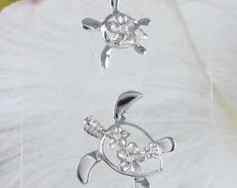 Unique Mother Daughter Matching Hawaiian Sea Turtle Necklace, Sterling Silver Turtle Plumeria CZ Pendant, N7022 Big Little Sister