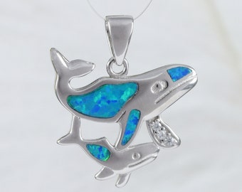 Unique Beautiful Hawaiian Mom & Baby Blue Opal Humpback Whale Necklace, Sterling Silver Whale Pendant N6151 Birthday Mother Wife Mom Gift