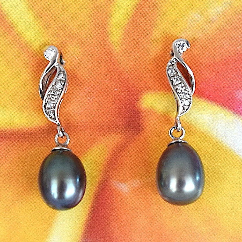Sterling Silver Black Pearl CZ Post Dangle Earring Beautiful Hawaiian Genuine Black Pearl Earring E4339 Birthday Mom Wife Valentine Gift